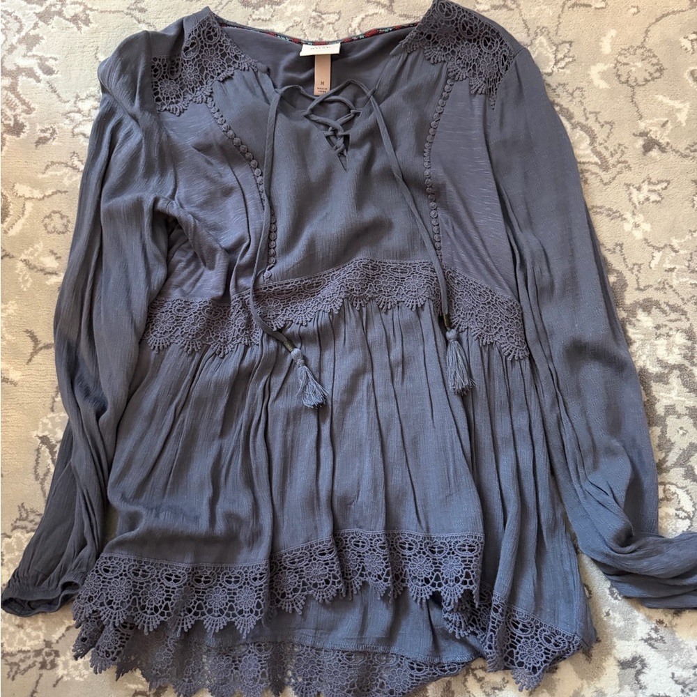 Knox Rose Slate Gray Lace-Trim Peasant Tunic